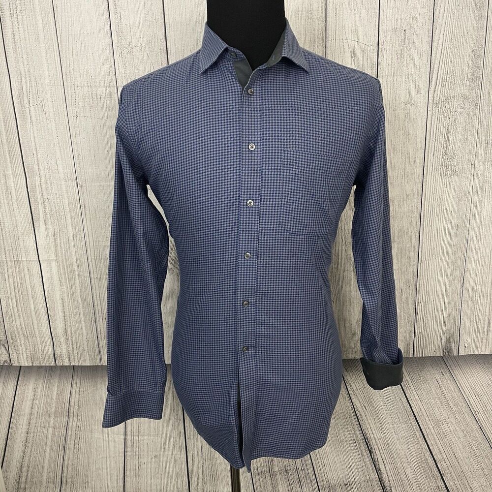 Paul Fredrick Mens Size 16 Blue Houndstooth Slim Fit Non-Iron Button-Front Shirt - Picture 2 of 7